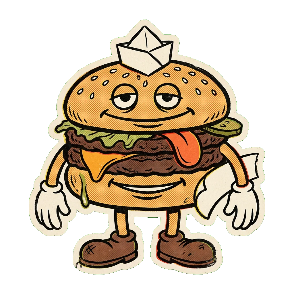 Melty, a double cheeseburger mascot in a paper hat, standing with his arms loose